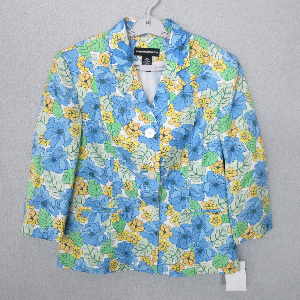 Norton McNaughton Blazer Womens Size 12 Blue Floral Three Quarter‎ Sleeve